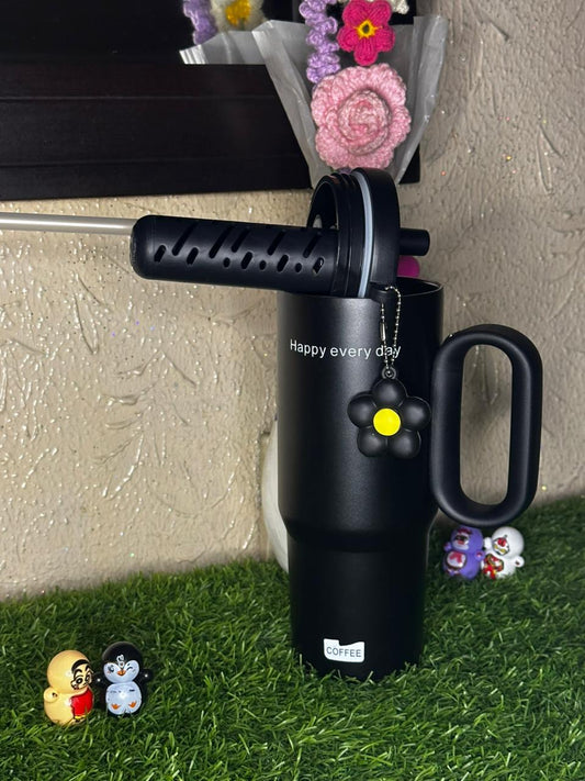 "Happy Every Day" Matte Black Tumbler with Flower Charm & Straw