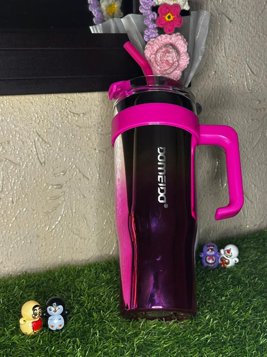 Hot Pink Chrome Tumbler with Handle & Straw β Glossy Finish