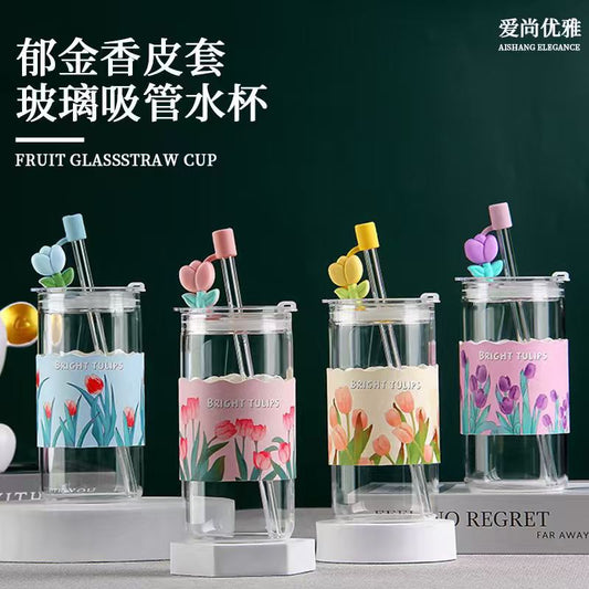 Tulip Aesthetic Glass Bottle with Flower Straw — Available in 4 Colours 🌷
