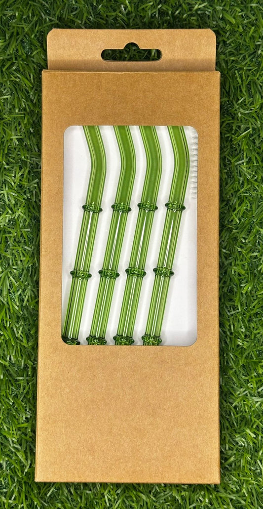 Green Bamboo-Style Glass Straws Set – Reusable & Eco-Friendly (Pack of 4)