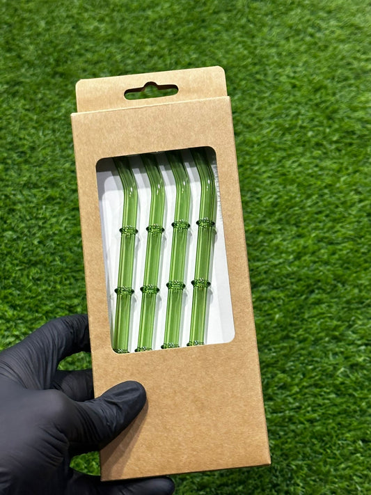 Green Bamboo-Style Glass Straws Set – Reusable & Eco-Friendly (Pack of 4)