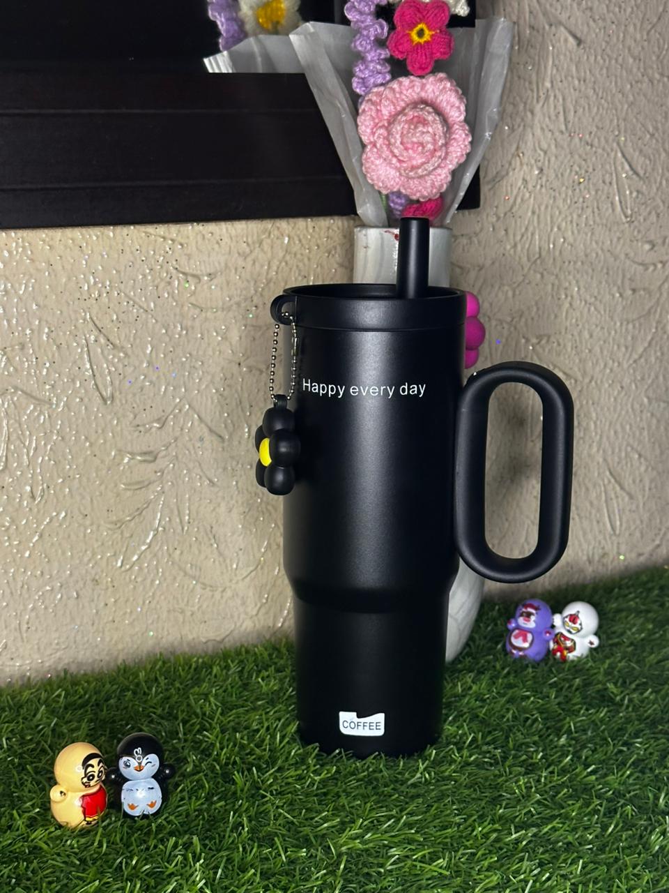 "Happy Every Day" Matte Black Tumbler with Flower Charm & Straw