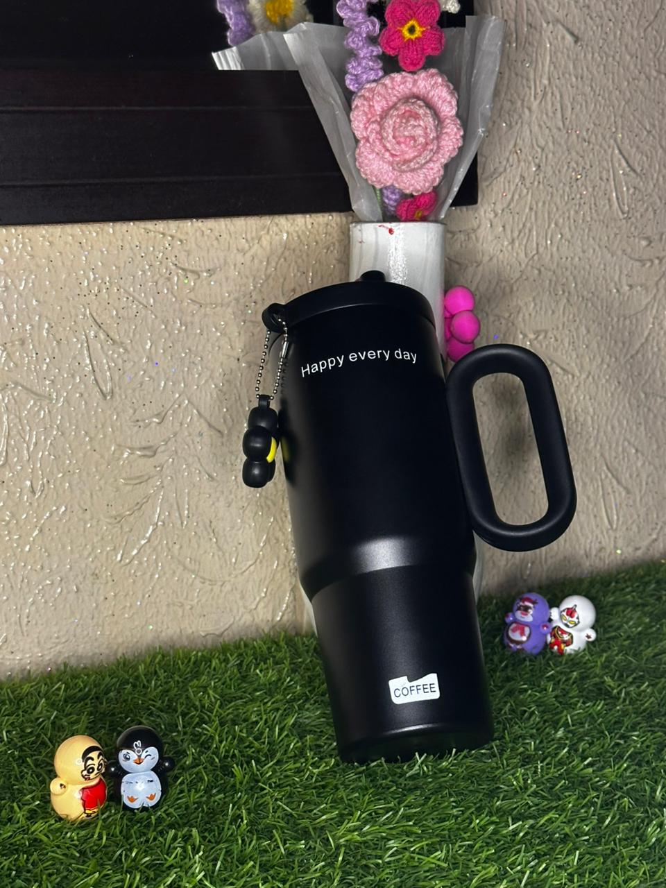 "Happy Every Day" Matte Black Tumbler with Flower Charm & Straw