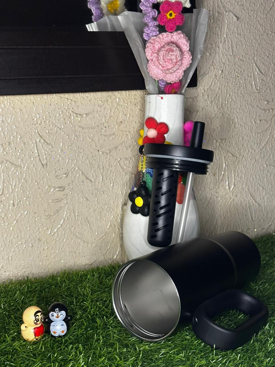 "Happy Every Day" Matte Black Tumbler with Flower Charm & Straw