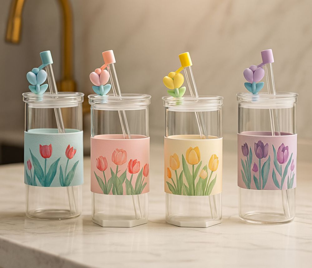 Tulip Aesthetic Glass Bottle with Flower Straw — Available in 4 Colours 🌷