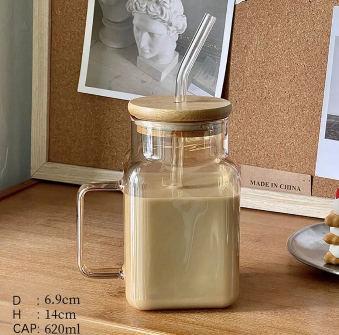 Aesthetic Glass Mug with Bamboo Lid & Glass Straw — 620ml