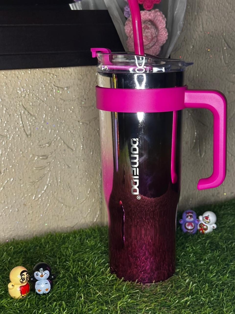Hot Pink Chrome Tumbler with Handle & Straw – Glossy Finish