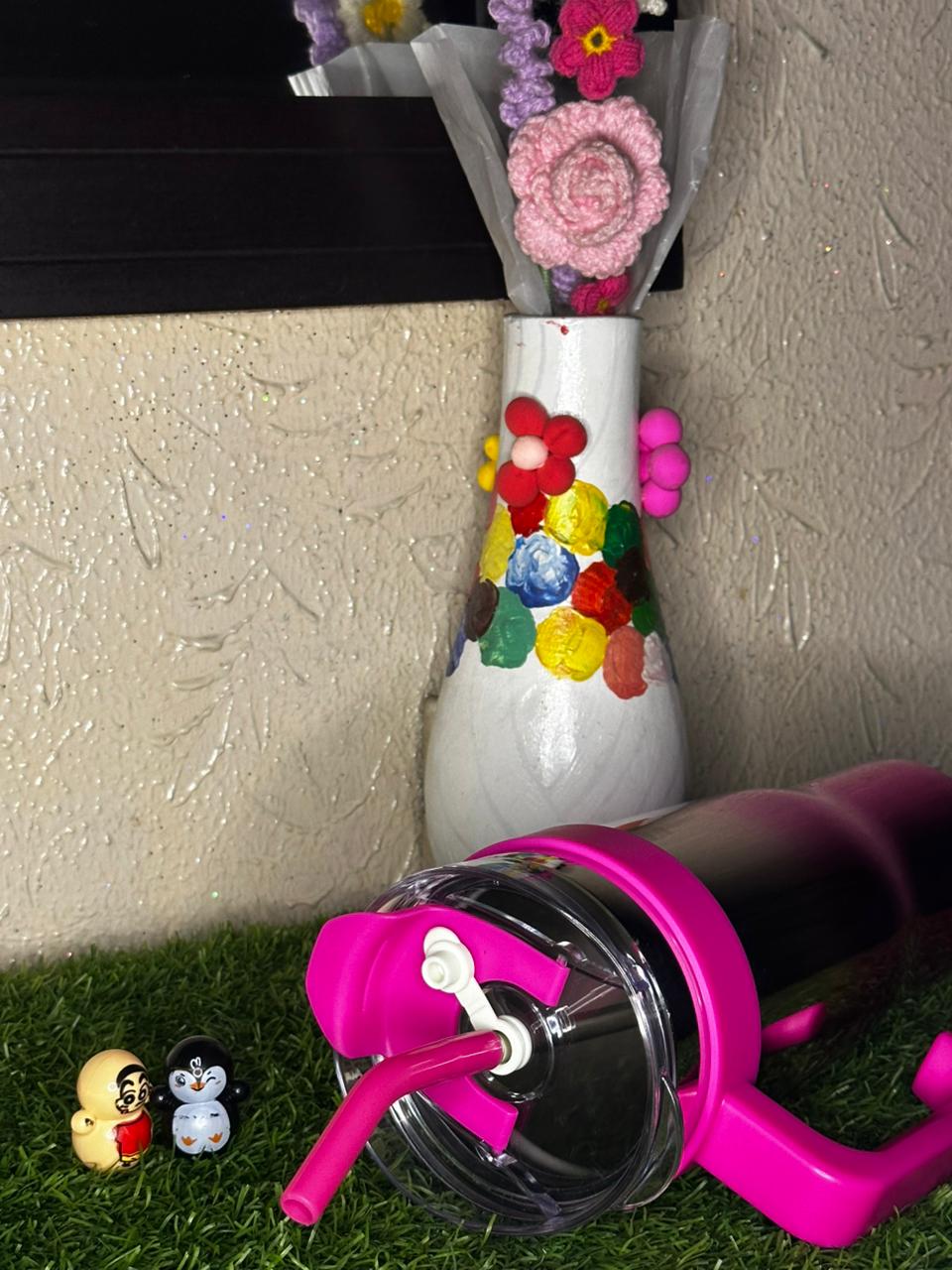 Hot Pink Chrome Tumbler with Handle & Straw – Glossy Finish