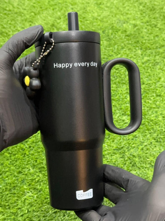 "Happy Every Day" Matte Black Tumbler with Flower Charm & Straw