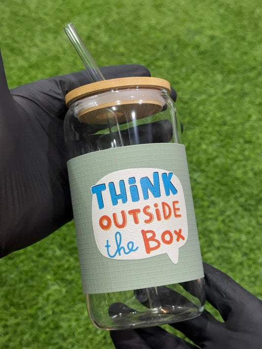 "Think Outside the Box" Glass Can with Bamboo Lid & Glass Straw