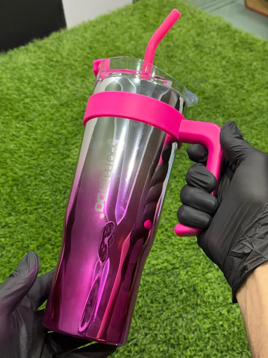Hot Pink Chrome Tumbler with Handle & Straw – Glossy Finish