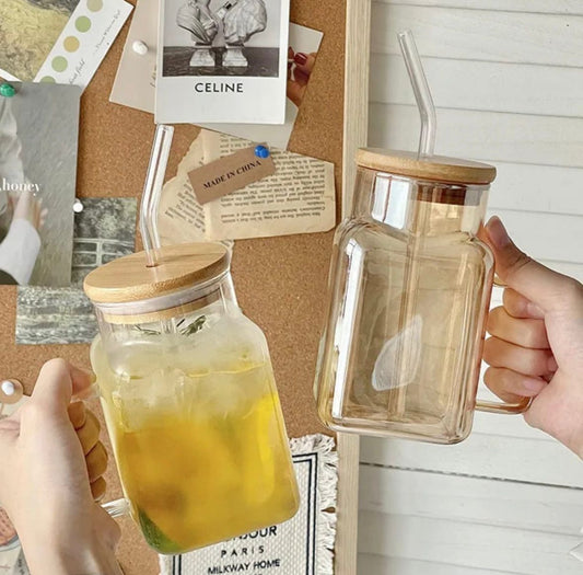 Aesthetic Glass Mug with Bamboo Lid & Glass Straw — 620ml